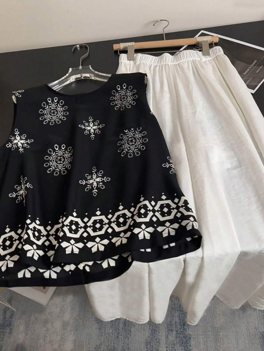 GlowEve CURVE Plus Size Women's Black And White Printed Sleeveless Top And Pants 2 Pieces Set,Summer Boho Vacation Outfits,Elegant Vintage Loose Casual Party Wear - Multicolor - View 1
