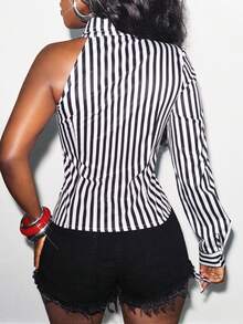 Glyssa Women's Casual Pleated Asymmetric Faux Pocket Turndown Collar One Shoulder Striped Shirt - Black and White - View 2