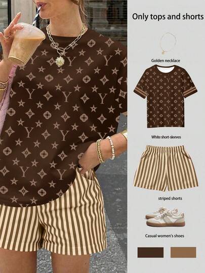EMERY ROSE 复古美式全印花条纹袖T恤+竖条纹短裤两件套；奢华复古印花撞色条纹休闲两件套；Y2K酷炫复古印花条纹T恤+短裤两件套；复古宽松印花休闲两件套；甜美酷炫撞色条纹印花T恤+短裤套装；通勤休闲百搭印花条纹两件套