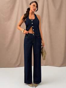 SHEIN 100% Cotton Raw Wash Button Front Top & Low Waist Straight Jean Two Pieces Denim Set - Dark Wash - View 5