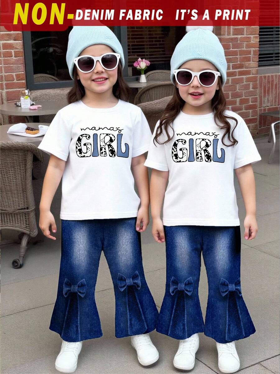 女童幼儿T恤和喇叭裤套装,2件套,牛仔印花蝴蝶结装饰,字母图案,可爱活泼,百搭休闲装,适合外出,四季皆宜。 - 彩色 - 查看 1