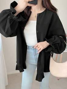 FRIFUL Áo sơ mi nữ màu trơn cổ tròn tay dài viền bèo cài một hàng khuy kiểu dáng thường ngày mùa hè - màu đen - Xem 4