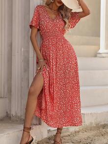 Wandoria 女士优雅V领开衩连衣裙，适合派对和聚会，女士夏季连衣裙，女士夏季套装，女士裹身裙，女士休闲连衣裙，女士度假连衣裙 - 紅色 - 查看 4