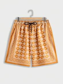 Manfinity Homme Plus Size Men's Geometric Print Shirt And Shorts Set, Casual Holiday Outfit - Yellow - View 6