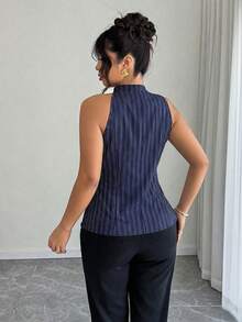 Elenzga Camisa Casual Listrada sem Mangas com Cintura Plus Size para Mulheres - Multicolorido - Visão 2
