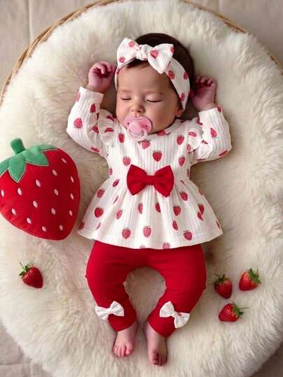 SHEIN New Born Autumn/Spring Pink Soft Heart Print Black Bow Accent Knit Puff Sleeve Sweater Top Paired With Black Bow Accent Skinny Pants 2 Pieces Set, Suitable For Outings, Casual, Sports, Christmas, Parties