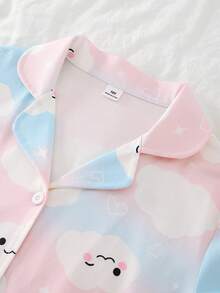 2pcs Girls Cute & Elegant Casual Comfortable Soft Skin-Friendly Blue & Pink Cloud Cartoon Print Cardigan Short Sleeve Top And Shorts Pajama Set, Flame Retardant Homewear - Multicolor - View 7