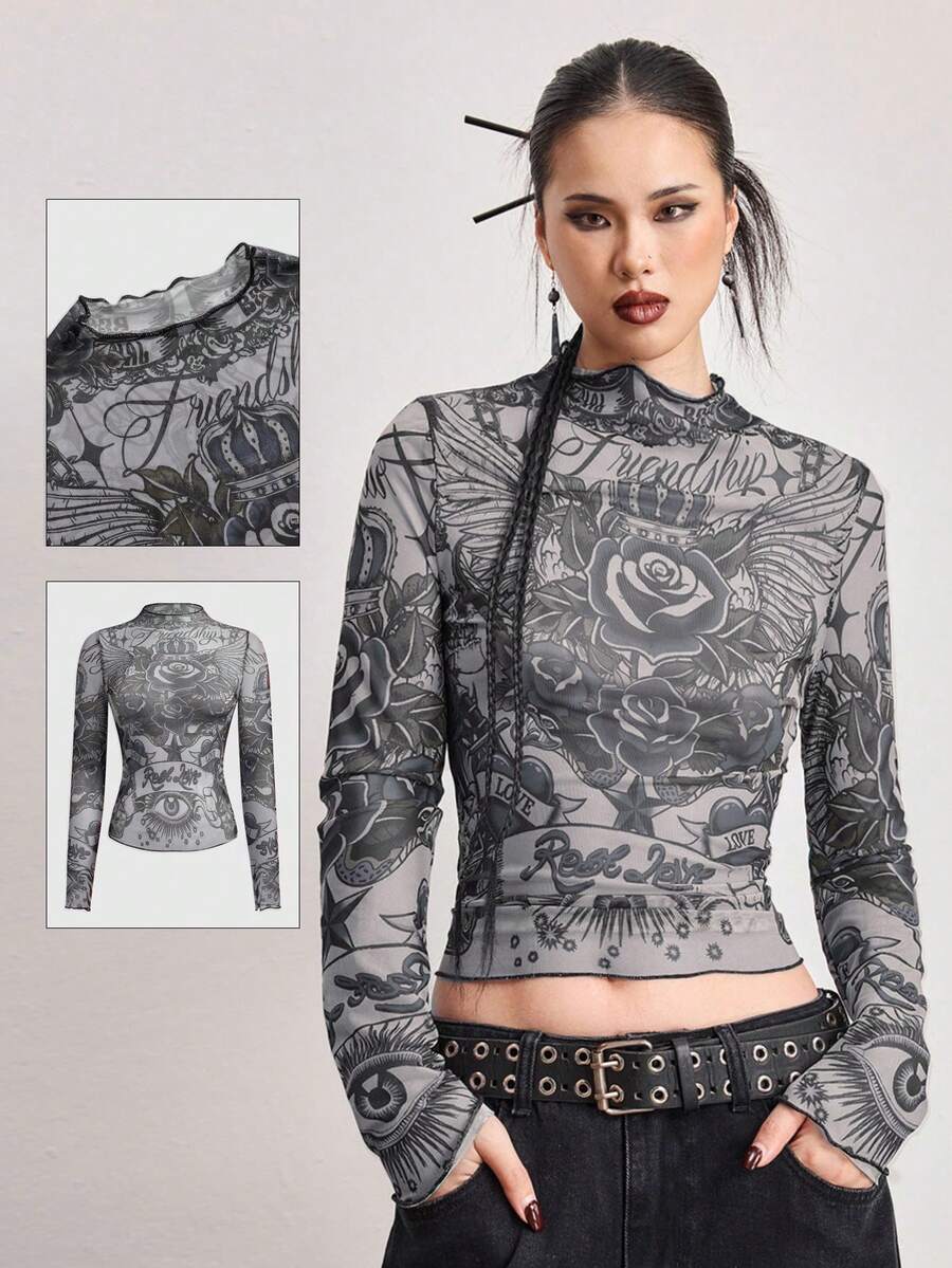 ROMWE Avant Blusa feminina Y2K Millennium Vintage com estampa de caveira e rosa, estilo tatuagem, em tela por toda a peça. - Multicolorido - Ver 1