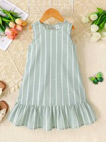 SHEIN Young Girl Vacation Casual Fashion Woven Green Striped Round Neck Sleeveless Ruched A-Line Dress - Green - View 3