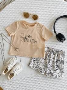 2pcs/Set Baby Boy Casual Simple Round Neck Short-Sleeved Short-Sleeved Two Pieces Set Suitable For Summer - Khaki - View 5