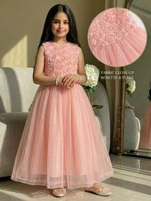 Tween Girl Casual Elegant Mesh Embroidered Jacquard Camisole And Ruched Mesh Dress Set, Pink - Pink - View 7