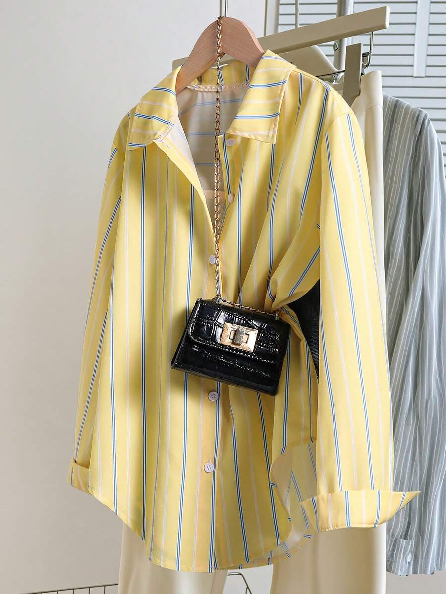 SHEIN Randig solskyddströja för tweenflickor, vår/sommar, koreansk stil, semester, sommar, resor - Gul - Visa 1