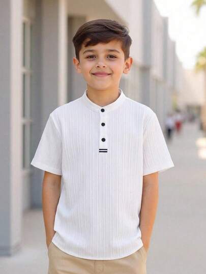 SHEIN 1件青少年男童休闲学院风纹理波浪图案立领短袖衬衫，半开襟设计，适合通勤、上学、日常休闲穿着、运动、春夏穿着
