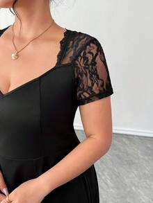 SHEIN Elenzya Plus Size Lace Patchwork Black Summer Elegant Formal Dress, Date Night Party Waist Versatile Chic Tea Ankle Length Midi Cocktail - Black - View 7