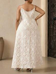 Villa Velisse 大码女式花卉提花吊带度假优雅连衣裙 - 米色 - 查看 2