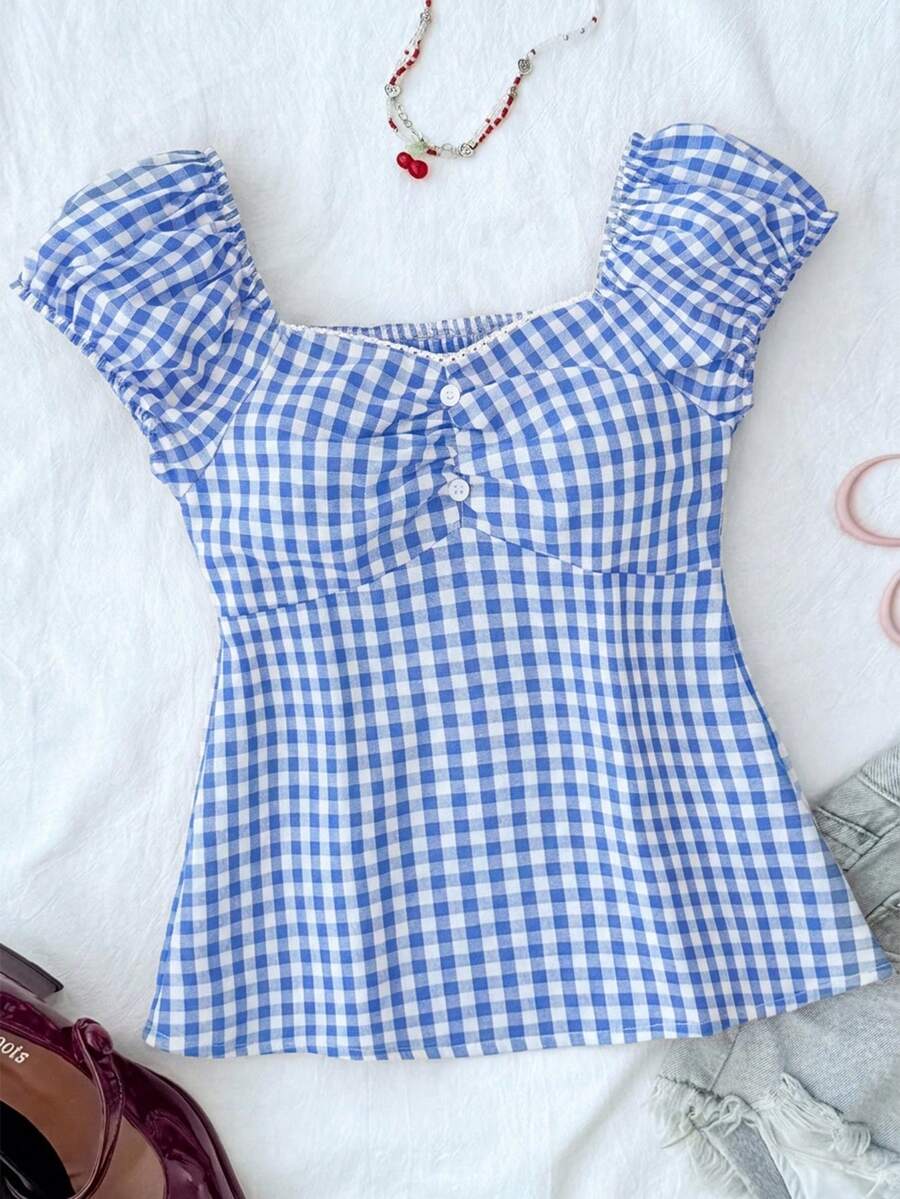 SHEIN 少女休闲简约舒适格子露背吊带衬衫 - 藍色 - 查看 1