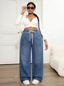 SHEIN CURVE+ 大码牛仔裤 夏季嘉年华服装 通勤 度假 毕业 时尚 Y2K 可爱 街头风 派对 婚礼 优雅 商务 休闲 女士 商务 海滩 毕业 复活节 舒适 大码宽松牛仔裤，高腰弹力设计，带实用口袋 休闲阔腿牛仔裤 宽松 Y2K 弹力腰牛仔裤 - 藍色 - 查看 3