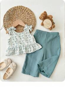 SHEIN Bộ đồ bé gái đi nghỉ mát dễ thương gồm áo hai dây và quần cạp chun. - màu xanh lá - Xem 1