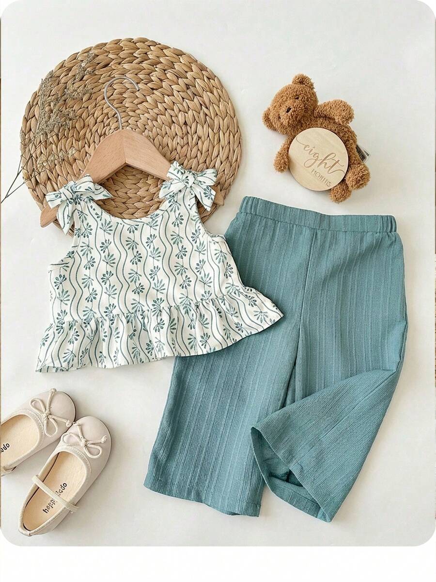 SHEIN Bộ đồ bé gái đi nghỉ mát dễ thương gồm áo hai dây và quần cạp chun. - màu xanh lá - Xem 1