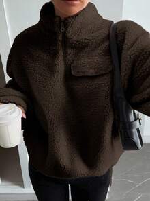 DAZY 女士秋季高领半拉链下摆卫衣 Y2k - 咖啡棕 - 查看 2