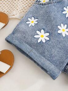 Quần short denim thời trang cho bé gái tuổi teen, hàng mới về mùa hè nhẹ nhàng, màu xanh nhạt, phong cách đường phố thường ngày, thiết kế dành cho kỳ nghỉ, kiểu dáng cơ bản đơn giản 5 túi, eo chun, gấu quần xắn, in họa tiết hoa cúc, dáng rộng không co giãn, chất liệu cotton mềm mại, thích hợp mặc hàng ngày, dự tiệc, đi học, đi làm, bộ sưu tập mới Xuân/Hè 2026. - Rửa trung bình - Xem 6