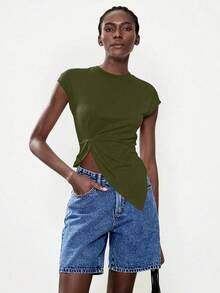 Lumivelle Camiseta blanca elegante y minimalista para mujer, adecuada para el uso diario, de moda y versátil - Verde militar - Ver 4