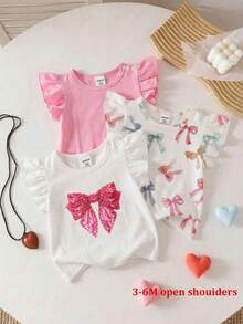 SHEIN Playful Pals Gentle Purple Stripe, 3D Bow Pattern, Young Girl Casual Simple Versatile Round Neck Cap Sleeve T-Shirt 1pc Suitable For Spring/Summer Daily Wear, - Multicolor - View 2