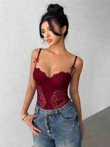 Aloruh Women's Lace & Mesh Patchwork Sexy Bodysuit - Burgundy - View 4