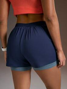 Powerista Letter Print Elastic Waist Slant Pocket Casual Sports Shorts - Blue - View 7