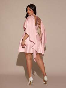 SHEIN BAE Plus Size Women's Autumn/Winter Satin Asymmetrical Hem Adjustable Strap Backless Shawl Collar Dress - Pink - View 2
