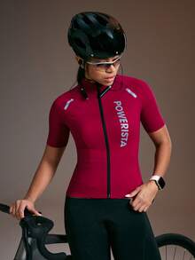 Powerista Women's Letter Print Raglan Short Sleeve Cycling Jersey - Burgundy - View 3