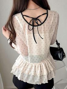 FRIFUL 女士波点扭结荷叶边下摆休闲长袖衬衫，夏季日常百搭单品 - 白色 - 查看 4