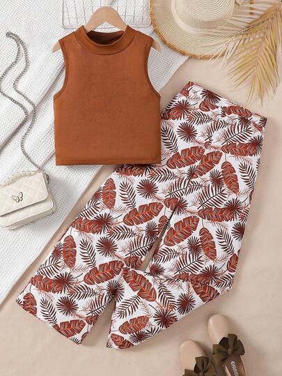 Young Girls' Brown Ribbed Knit Sleeveless Top + Leaf Print Straight Leg Pants 2 Pieces Set, Casual Outfit For Daily Wear, Spring/Summer