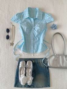 Comfortcana 女士休闲格子蕾丝边衬衫，夏季 - 彩色 - 查看 5