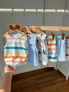 SHEIN Bộ 6 món áo thun dệt kim và quần short cạp chun họa tiết hoạt hình dễ thương cho bé trai/bé gái, thích hợp mặc mùa hè, quần áo trẻ em mùa xuân/hè, áo ngắn tay cho bé trai. - Nhiều màu - Xem 3