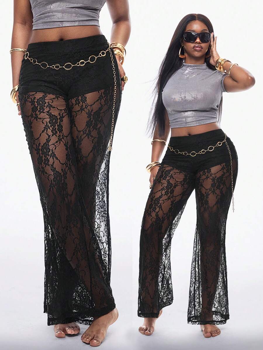 Coolane Pantalones acampanados negros de encaje, elásticos y cómodos, para salir, vacaciones y playa, de estilo chic para mujer en verano - Negro - Ver 1