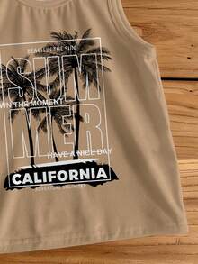 SHEIN Young Boy's Casual Cartoon Pattern Sleeveless Tank Top, Suitable For Summer, Classic Palm Tree Print - Khaki - View 4