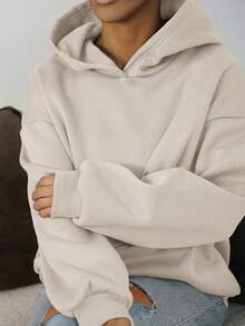 SAYEHFBABY Summer Outfits Women's Simple Casual Solid Green Color Pullover Hooded Long Sleeve Sweatshirt Without Drawstring Oversize - Apricot - View 3