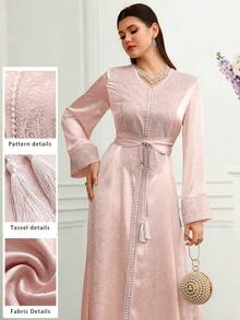 Elegant Luxurious Embroidered V-Neck Flare Sleeve Dress, Fashionable For Spring/Summer - Pink - View 5