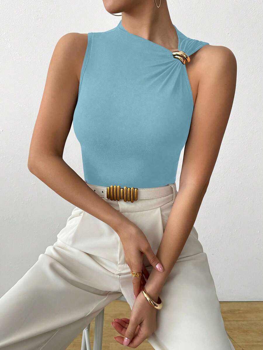 Celisse Asymmetric Neckline Elegant Sleeveless Top With Metal Shoulder Decor - Baby Blue - View 1