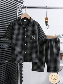 Set Of 2 Pieces Casual Plaid Short Sleeve Shorts Set For Boys,Grey,Summer,Family Matching,Embroidered Play Pattern,Loose Loungewear Soft Fabric - Grey - View 3