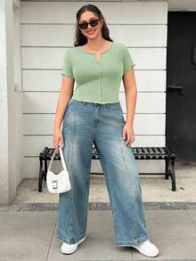 SHEIN EZwear Áo thun cổ chữ V màu xanh bạc hà trơn dành cho phụ nữ cỡ lớn - Màu xanh Bạc hà - Xem 4