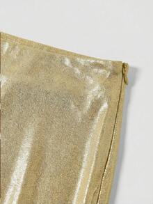 Firerie Plus Size Women Solid Color Metal Texture Elegant Skirt - Gold - View 4