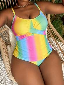 Slaydiva Plus Size Women Gradient Print Casual 2-Piece Tankini Swimsuit - Multicolor - View 4