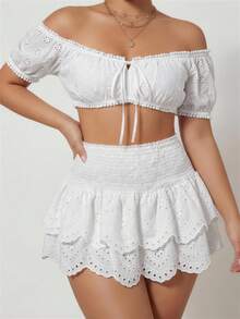 SHEIN SXY Eyelet Embroidery Ruffle Hem Mini Skirt,Summer ,Vacation,Beach , Ruffle Skirt,White - White - View 5