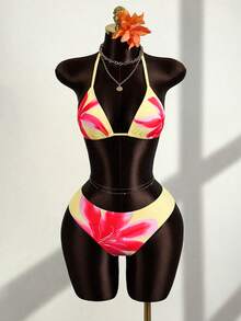 Zestiva 女士印花露背系带性感比基尼三件套，适合海滩度假 - 黃色 - 查看 4