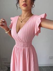 Breezaya 女士纯色荷叶边下摆长款度假海滩装连衣裙 - 粉色 - 查看 8