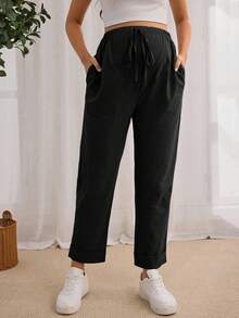 SHEIN Maternity Simple Solid Color Tie Front Pocket Casual Pants Fall - Black - View 4