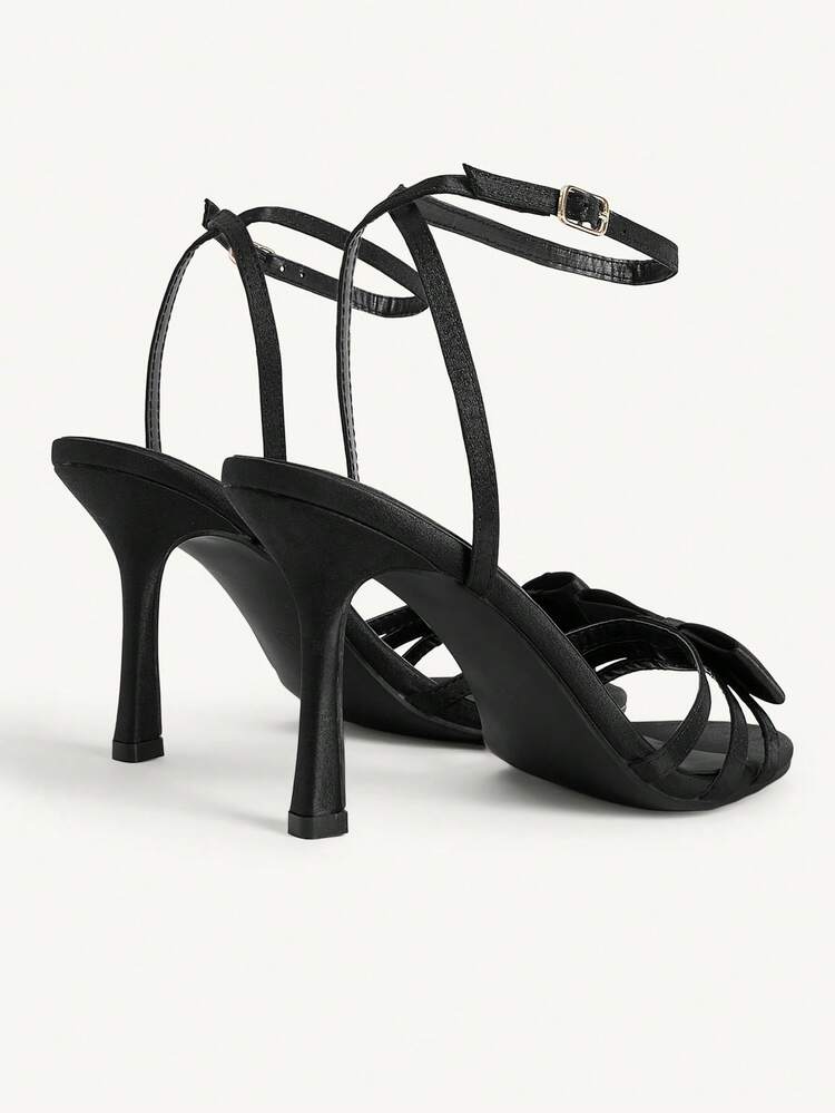CUCCOO CHICEST Women Shoes Black Satin Satin High-End Bow Design Fashion Elegant Temperament Banquet Round Toe Ankle Strap High-Heeled Sandals