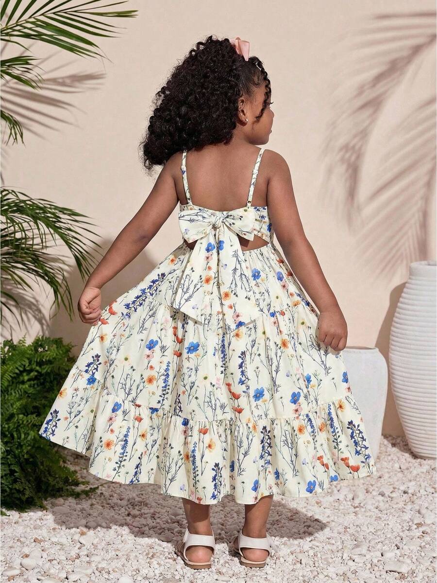 小女孩夏季度假碎花蝴蝶结无袖吊带连衣裙，长款，适合海滩、海边穿着 - 彩色 - 查看 1